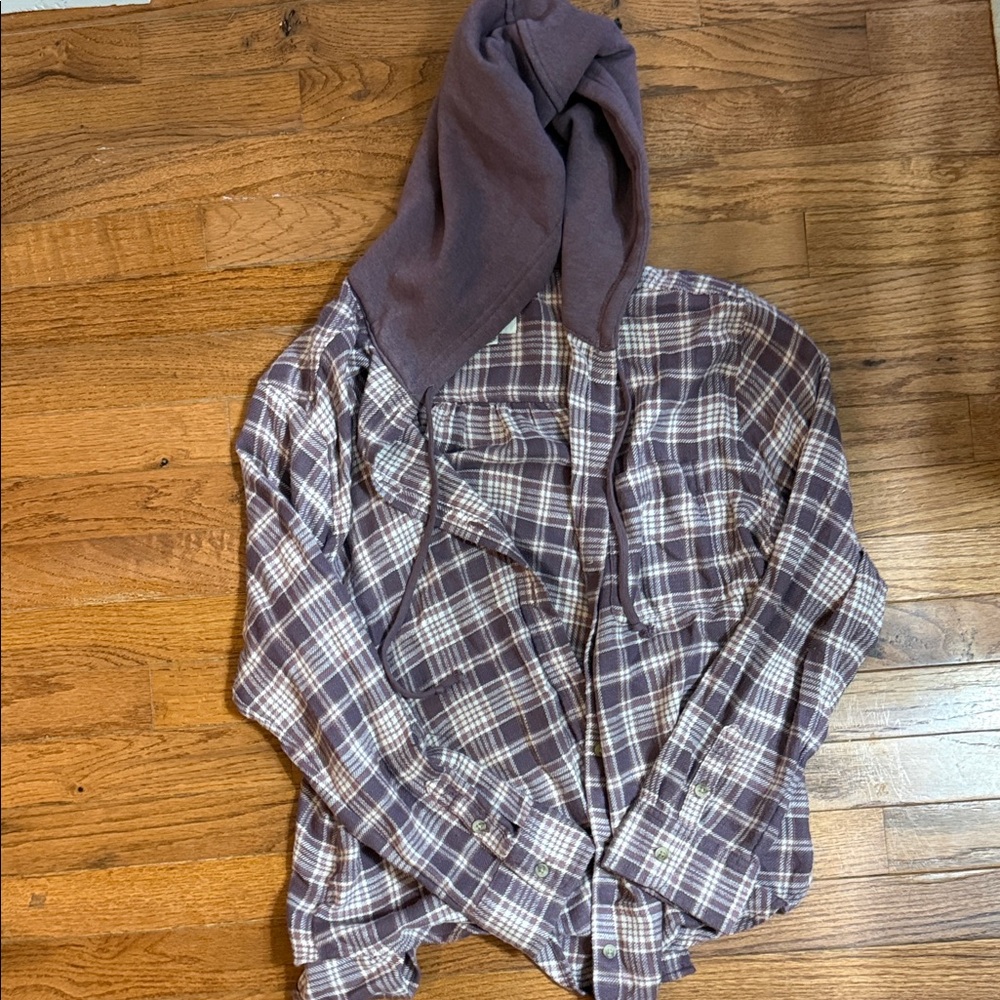 American Eagle Outfitters Plaid Button Down Shirt with Hood - Brown and Cream